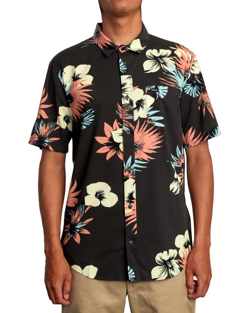 RVCA Men's Slim Fit Short Sleeve Stretch Woven Button Up Shirt, RVCA Prints Woven/Antique Black Floral Medium