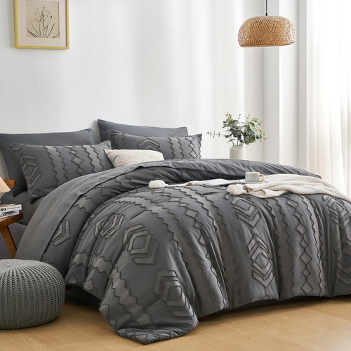 OARAGE Dark Grey Twin Comforter Set 7 Pieces, Tufted Bed in a Bag Twin, Boho Bed Sets, Geometric Embroidery Twin Size Bedding Set, All Season Microfiber Bedding Comforter Set with Sheet