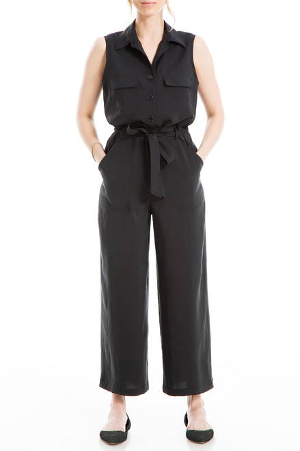 Max Studio Women's Peachskin Tab Sleeve Jumpsuit with Pockets, Black