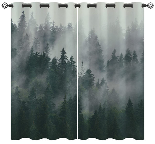 Rustic Nature Forest Blackout Curtains for Girls Boy Home Decor, Retro Misty Fir Tree Fog Woodland Grommet Thermal Insulated Drapes Darkening Window Curtain for Bedroom Living Room, 42 x 63 Inch