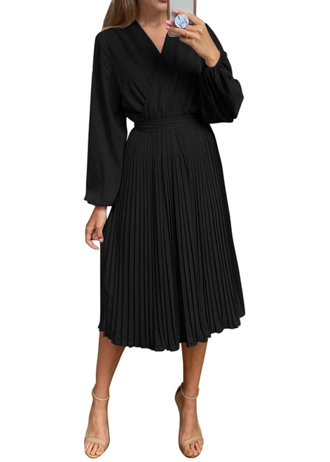 PRETTYGARDEN Women's Fall Midi Dress Long Puff Sleeve Wrap V Neck Flowy Ruffle Pleated Casual Dresses (Black,Large)