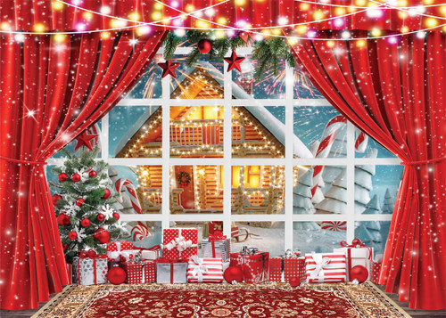 LYCGS 10X8ft Christmas Backdrop Winter Christmas Window Photography Background Xmas Party Backdrop Xmas Tree Snow Fireworks Cartoon Christmas Photo Backdrops X-166