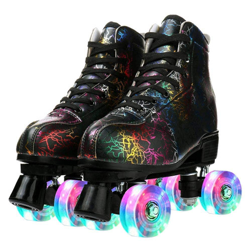 Risup Roller Skates for Women and Men Cowhide High-Top Shoes Classic Double-Row Four-Wheel Roller Skates for Men Girls Unisex (Lightning Black Flash Wheel,45=US:9.5)