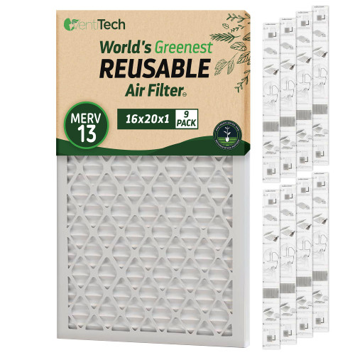 Venti Tech - The World's Greenest Reusable Air Filter 16x20x1 MERV 13 for HVAC - Includes 1 Reusable Frame with 9 Disposable Filter Media - Eco-Friendly and Space-Saving Solution for your Home