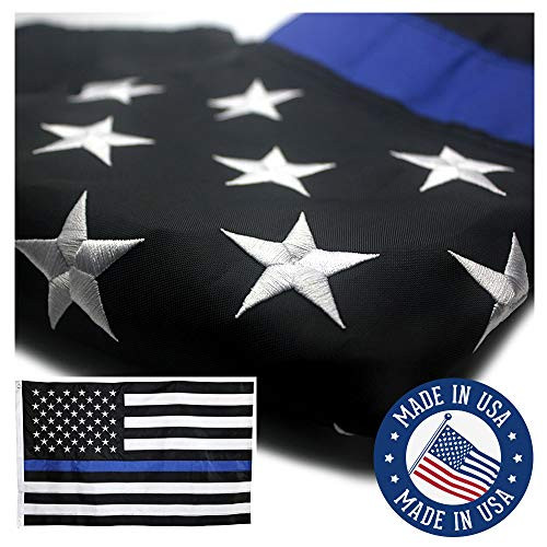 VSVO Thin Blue Line American Police Flag 3x5 ft - Embroidered Stars and Sewn Stripes with Grommets Black White and Blue USA Flags