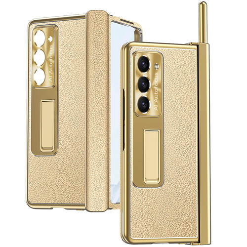 Miimall for Samsung Galaxy Z Fold 5 Case with S Pen, Z Fold 5 Case+Stylus Pen with Pen Holder+Tempered Glass Screen Protector+All-Inclusive PU Leather Case for Galaxy Z Fold 5 2023(Gold)