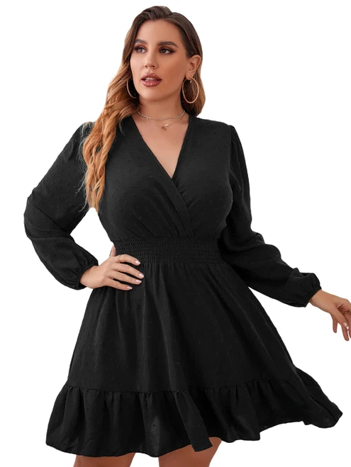 MakeMeChic Women's Plus Size Swiss Dots Long Sleeve V Neck Ruffle A Line Swing Short Dress Black 1XL