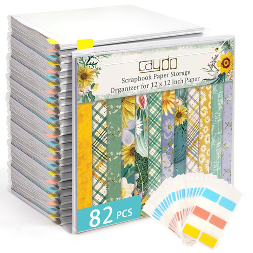 Caydo 82 Pieces Scrapbook Paper Storage Organizer with 120 Pieces Sticky Index Tabs, Scrapbook Storage and Organization Holds 12 x 12 Inch Scrapbook Paper, Vinyl Paper, Cardstock