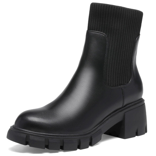 Lookyno Women's Chelsea Boots Elastic Slip On Chunky Heel Lug Sole Platform Boots Fashion Ankle Bootie, Black,8