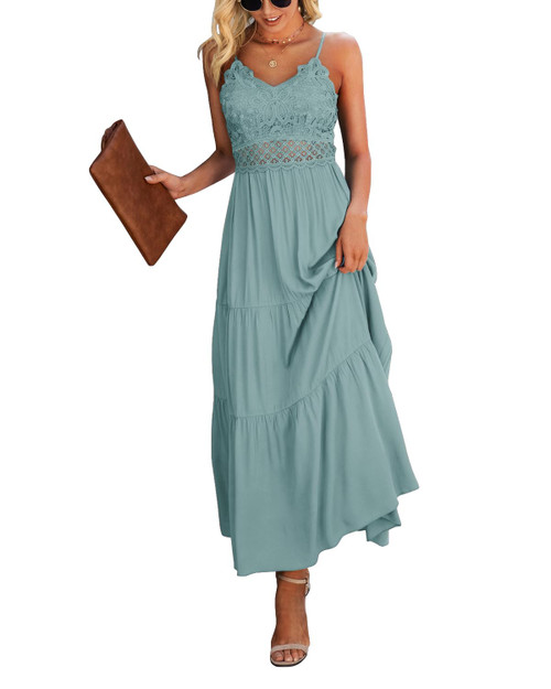 Dokuritu Women's Beach Crochet Lace Maxi Dress Solid Color Sundresses Boho Wedding Guest Summer Spaghetti Strap Long Green Dress 2023 (MintGreen, S)