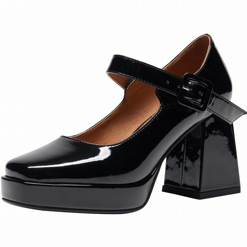 Latasa Mary Jane Shoes Women Platform Chunky Block Heels Square Toe Mary Janes Pumps (9.5, Black)