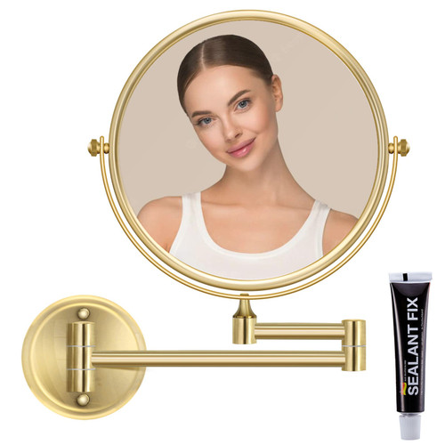 RECKODOR 8" Brass Wall Mount Mirror, 1X 5X Magnification 360 Degree Rotation Double Sided Bathroom Mirror for Shaving, PVD Zirconium Gold RECKODOR 8" Brass Wall Mount Mirror, 1X 5X Magnification 360 Degree Rotation Double Sided Bathroom Mirror for Shaving, PVD Zirconium Gold