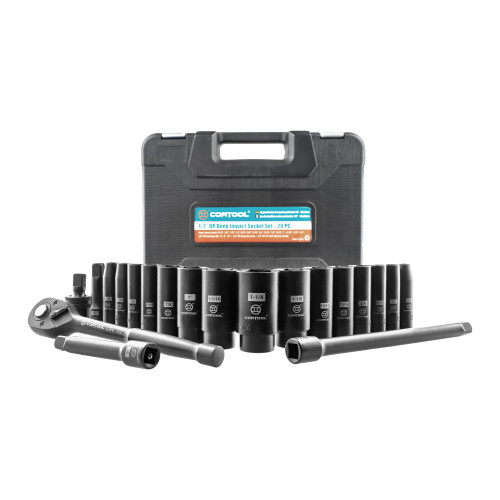 CORTOOL 1/2" Impact Socket Set, 20-Piece, 6 Point Impact Set, Standard SAE (5/16"- 1-1/4") Impact Socket Set, Impact Socket 1/2 Drive, Deep Impact Socket Set