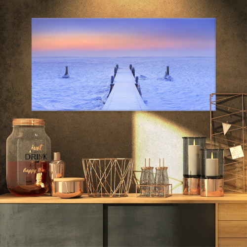 Design Art PT11170-32-16 Jetty in Frozen Lake Netherlands-Wooden Sea Bridge Canvas Wall Art-32X16, 32x16