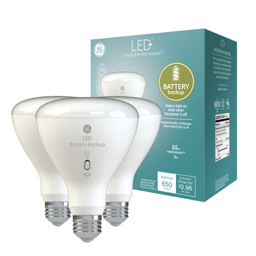 GE LED+ Battery Backup LED Light Bulbs, Emergency Light Bulb for Power Outages + Flashlight, BR30 Indoor Floodlights (3 Pack)