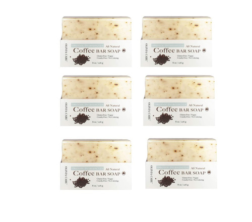 Olivia Care Bar Soap 100% Natural, Vegan & Organic - For Face & Body -Detoxify, Exfoliate, Hydrate, Moisturize & Deep Clean - Leave Skin Soft & Silky - Sustainable Palm Oil - 8 OZ (Coffee, 6 Pack)
