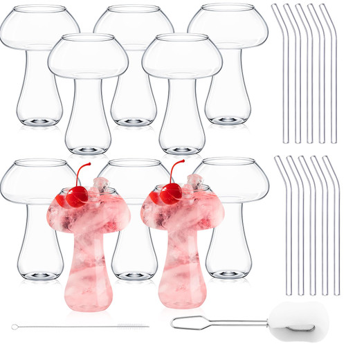 Tticai 10 Sets Mushroom Glasses 8.5oz Creative Mushroom Cocktail Glass Mushroom Shaped Wine Cup Clear Goblet Transparent Wine Glass with Straws Cleaning Brushes for KTV Bar Club Party Novelty Drinks