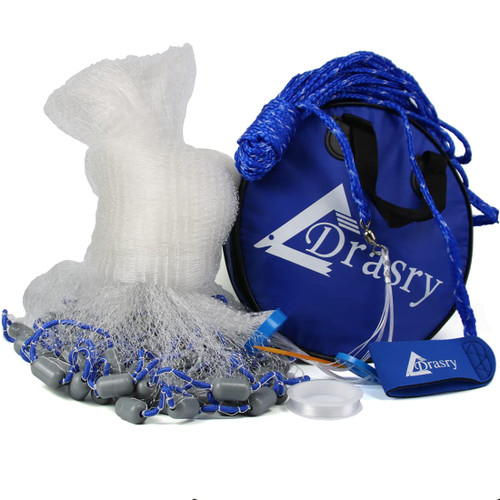 Drasry Saltwater Fishing Cast Net 3/8 and 1/4 Mesh with Heavy Duty Gray Sinker American Monofilament Fish Throw Net for Bait Trap 3FT 4FT 5FT 6FT 7FT 8FT 9FT Radius 3/8, 8FT Radius /240cm