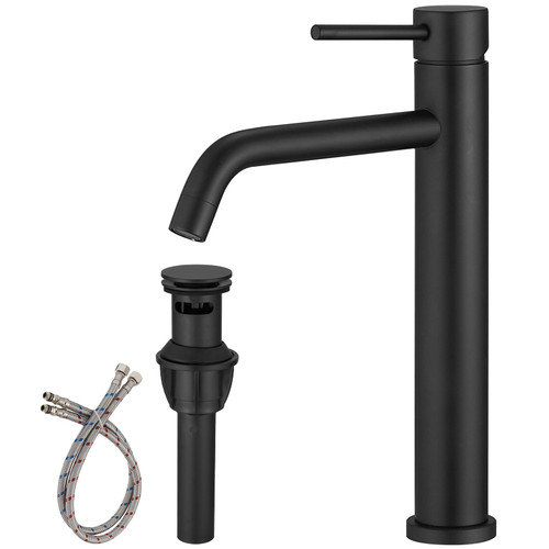 Homevacious Black Bathroom Vessel Sink Faucet,Single Handle Bathroom Faucet,Single Hole Tall Bathroom Faucet Stainless Steel Lavatory Vanity Faucets Mixer Taps with Pop Up Drain & Water Supply Hoses