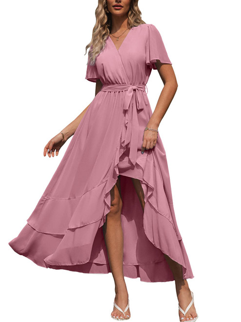 Simplee Womens Solid Chiffon Wrap Formal Maxi Ruffle Split Dress Flowy Bridesmaid Wedding Party Evening Dress with Belt(Pink Purple XL)