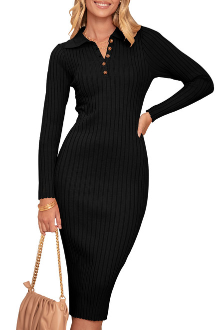 MEROKEETY Womens 2023 V Neck Ribbed Sweater Dress Long Sleeve Bodycon Knit Midi Dresses Black S