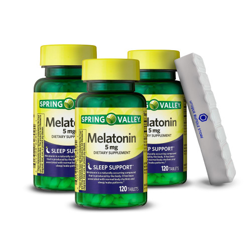 Spring Valley, Melatonin 5mg, Sleep Health Dietary Supplement Tablets, Melatonin 5 mg, 120 Count + 7 Day Pill Organizer Included (Pack of 3)