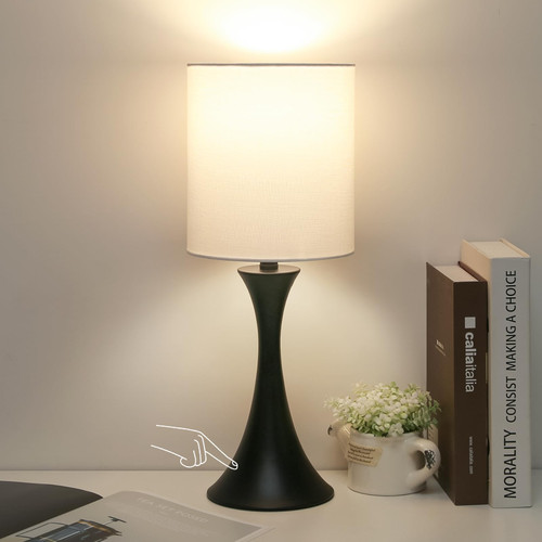 3 Way Touch Control Table Lamp, Modern Bedside Lamp for Bedroom, Dimmable Black Nightstand Lamp White Shade Desk Reading Light for Living Room Office Dorm, 3000K LED Bulb Included