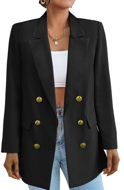 Womens Casual Blazer Jacket Gold Button Long Sleeve Work 0ffice Blazer Lapel Open Front Jacket with Pockets Black S