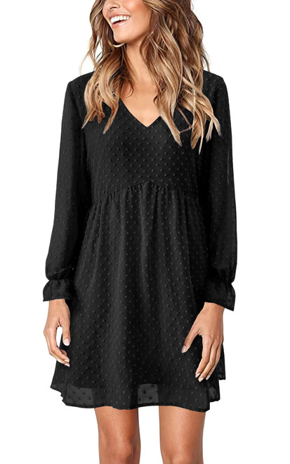 KIRUNDO Womens Dresses 2023 Fall Long Sleeve Mini Dress V Neck Flowy Casual Swiss Dot Loose Babydoll Dress(Style2-Black, Small)