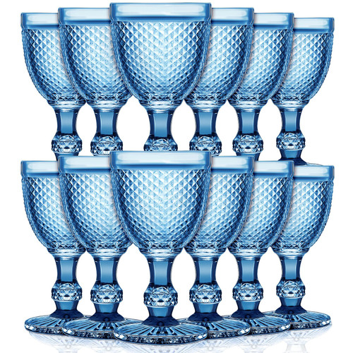 Bokon 12 Pack Wine Glasses Red Wine Glass Goblets High Clear Wine Glass 10 oz Vintage Glass Goblet Embossed Diamond Design Glassware Goblet with Stem for Juice Liquor Party Wedding Bar (Sapphire)