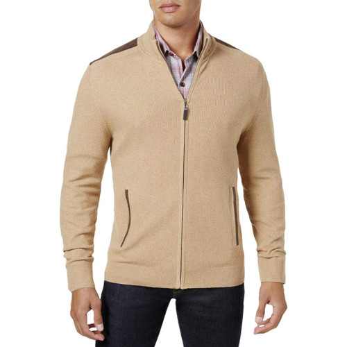 Tasso Elba Mens Faux Suede Knit Sweater, Brown, XX-Large