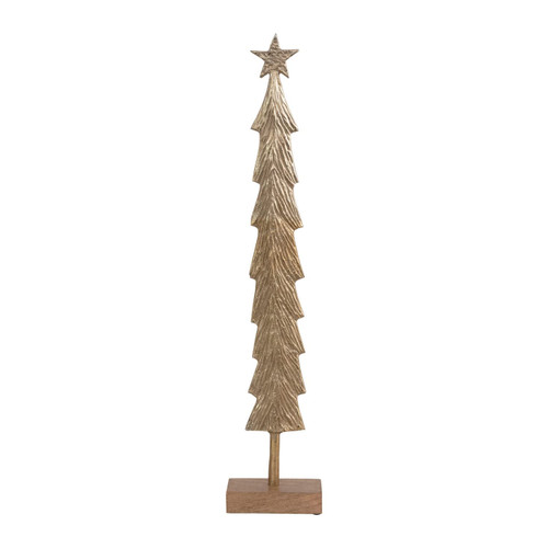 Creative Co-Op Metal Christmas Tree with Mango Wood Base, Brass Finish