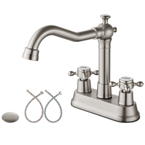 Aolemi Brushed Nickel 4 Inch Centerset Bathroom Faucet 2 Hole 2 Cross Handles Vintage Deck Mounted Sink Mixer Taps with Swivel Spout & Pop Up Drain for Bath Basin Lavatory Vanity