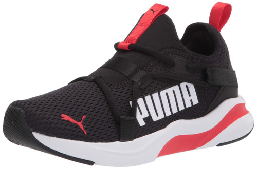 PUMA unisex child Softride Rift Slip on Sneaker, Black/White/High Risk Red, 5 Big Kid US