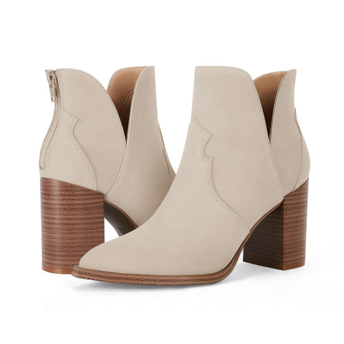 Coutgo Womens Pointed Toe Ankle Boots V Cutout Chunky Mid Heel Zipper Winter Western Booties