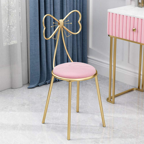 Gluck Plants Modern Makeup Vanity Chair Stool,Cute Butterfly Flannel Material Stool Chair Ottoman Bench Metal Bench Legs Gold Dining Chair for Kitchen Bedroom Living Room (Pink Flannel)