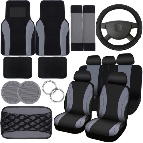 Fabbay 21 Pcs Car Seat Covers Full Set Car Floor Mats Steering Wheel Cover Armrest Cover Seat Belt Pad Seatbelt Covers Cup Mats Car Emblem Ring Sticker for Sedans Trucks SUV (Black, Gray)