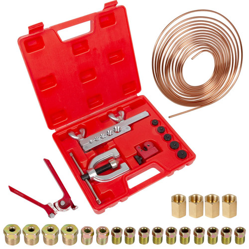 Wztepeng Brake Line with Flaring Tool Kit - Copper Coated 3/16 Brake Line Kit +Tube Bender (Includes 16 Fittings and 4 Unions Brake Line Fittings) + Brake Line Double & Single Flaring Tool Kit