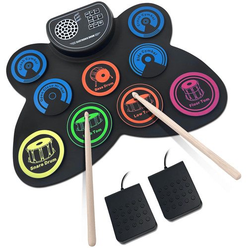 JXW Electric Drum Set, Electronic Drum Practice Pad Roll-up Drum Kit Kids Drum Set with Built-in Speaker Drum Pedals Drum Sticks 10 Hours Playtime, Holiday Xmas Birthday Gift Instrument Toys for Kids