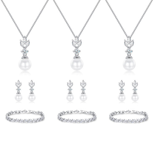 IDASANY Wedding Jewelry for Bride Bridesmaid, Pearl Dangle Earrings and Pendant Necklace Set Bridal Jewelry for Prom Wedding Party, 3 Sets