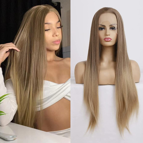 RONGDUOYI Ombre Blonde Synthetic Lace Front Wig Long Silky Straight Synthetic Hair with Highlights Natural Looking Mix Color Daily Use Wig Glueless Synthetic Wig 24Inch RONGDUOYI Ombre Blonde Synthetic Lace Front Wig Long Silky Straight Synthetic Hair with Highlights Natural Looking Mix Color Daily Use Wig Glueless Synthetic Wig 24Inch