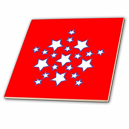 3dRose ct_24499_1 Star Shape of Blue and White Stars on Red Ceramic Tile, 4-Inch