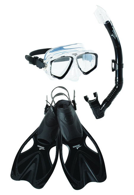 Speedo Unisex-Adult Adventure Swim Mask, Snorkel & Fins Set Black/Black, Small/Medium