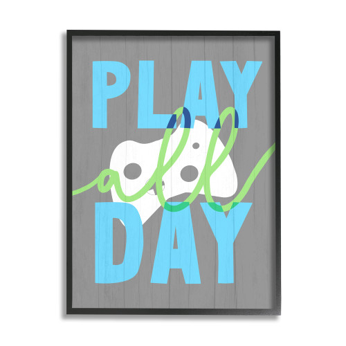 Stupell Industries Play All Day Phrase Rustic Video Game Controller, Designed by Daphne Polselli Black Framed Wall Art, 16 x 20, White