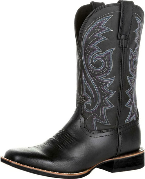 furlinkhm Western Cowboy Boots for Men,Western Square Toe Cowboy Boots Retro Leather Embroidery Casual Chunky Heel Wide Calf Pull On Boots (Black, 13)