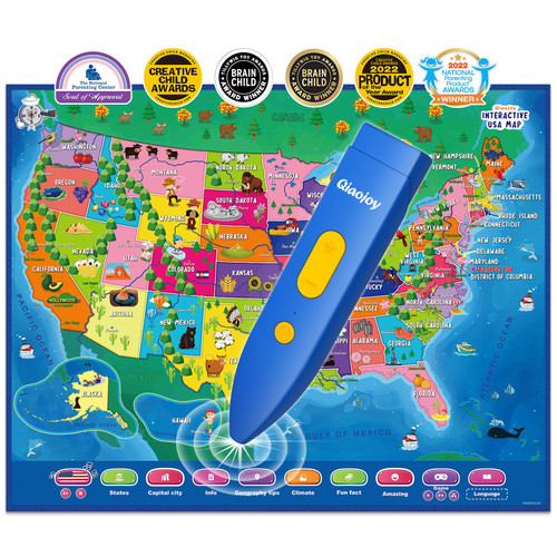 Qiaojoy Bilingual Interactive Map for Kids Talking USA Map for Kids Learning Geography Toys Games Ages 3 to 12 Educational Electronic USA Map i-Poster Gift for 4 5 6 7 8 9 10 Year Old Girls Boys Qiaojoy Bilingual Interactive Map for Kids Talking USA Map for Kids Learning Geography Toys Games Ages 3 to 12 Educational Electronic USA Map i-Poster Gift for 4 5 6 7 8 9 10 Year Old Girls Boys