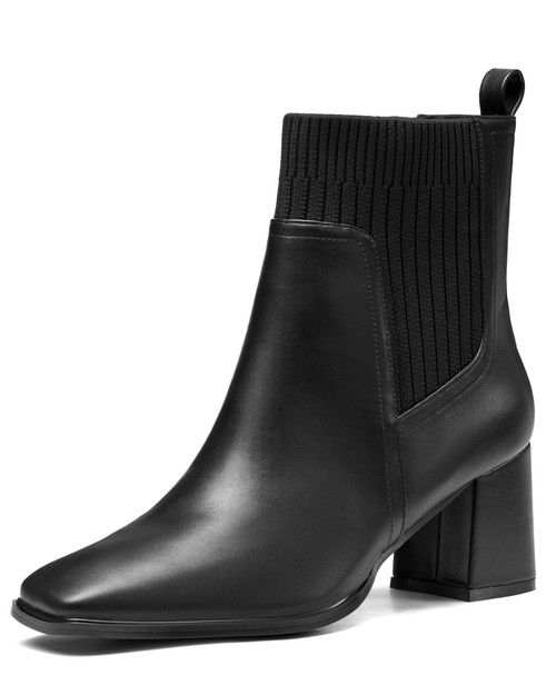 Coutgo Women's Slip On Ankle Boots Chunky Block Heel Square Toe Splicing Dress Sock Booties, Black, Size 10