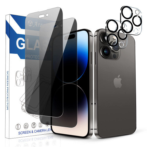 Arae 2 Pack Camera Lens Protector for iPhone 14 Pro + 2 Pack Privacy Screen Protector, HD Tempered Glass Anti Spy Anti Scratch Work with Most Case, 6.1inch
