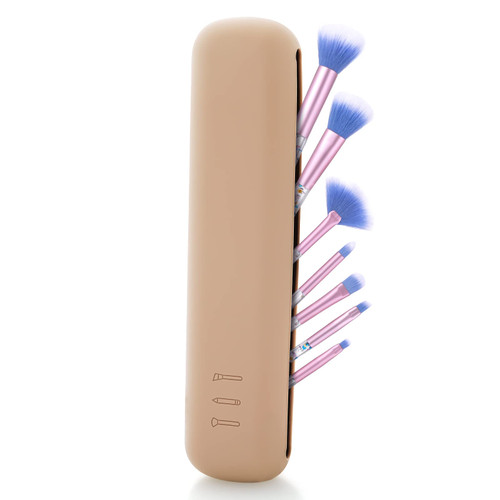 WLLHYF Trendy Travel Makeup Brush Holder, Silicon Makeup Brush Case Portable Cosmetic Face Brushes Holder Makeup Tools Organizer for Travel (khaki)