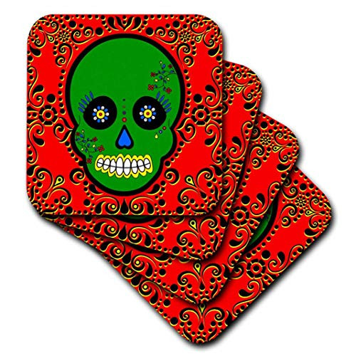 3dRose CST_28881_1 Day of The Dead Skull Dia De Los Muertos Sugar Skull Green Red Black Scroll Design Soft Coasters, Set of 4